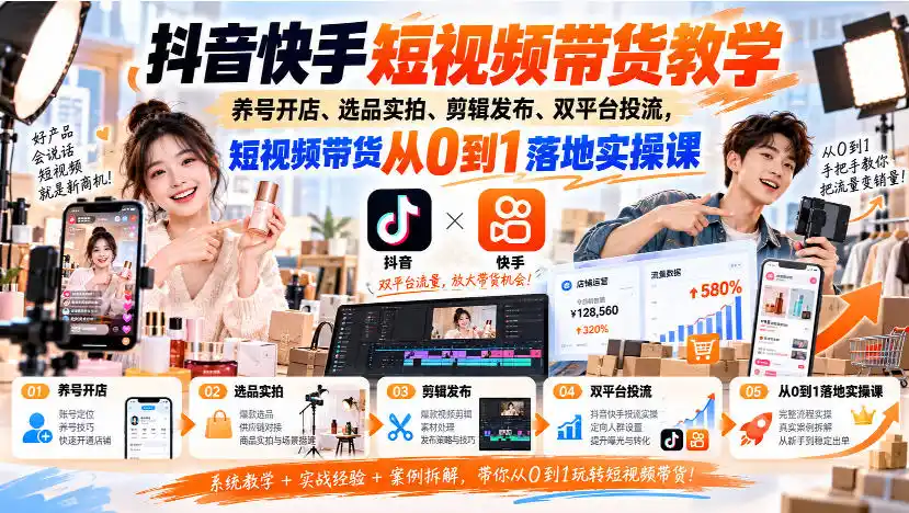 抖音快手短视频带货教学｜养号开店、选品实拍、剪辑发布、双平台投流，短视频带货从0到1落地实操课-翻身路网创