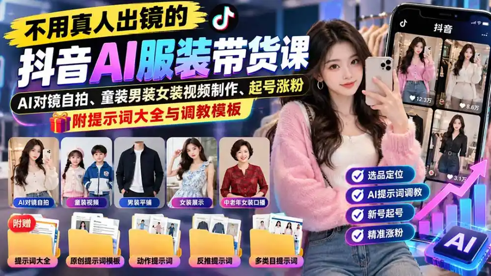 不用真人出镜的抖音AI服装带货课:AI对镜自拍、童装男装女装视频制作、起号涨粉,附提示词大全与调教模板-翻身路网创