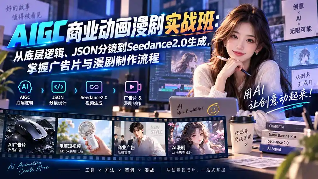 AIGC商业动画漫剧实战班-更新：从底层逻辑、JSON分镜到Seedance2.0生成，掌握广告片与漫剧制作流程-翻身路网创