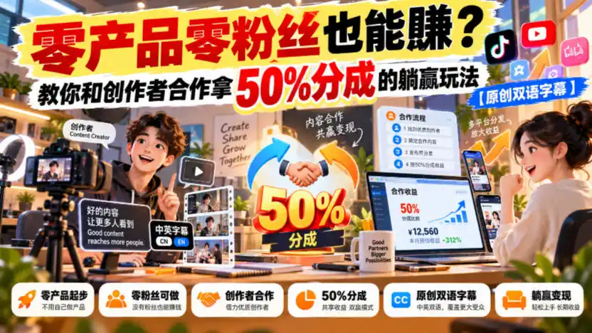 【无水印】零产品零粉丝也能賺？教你和创作者合作拿50%分成的躺赢玩法【原创双语字幕】-翻身路网创