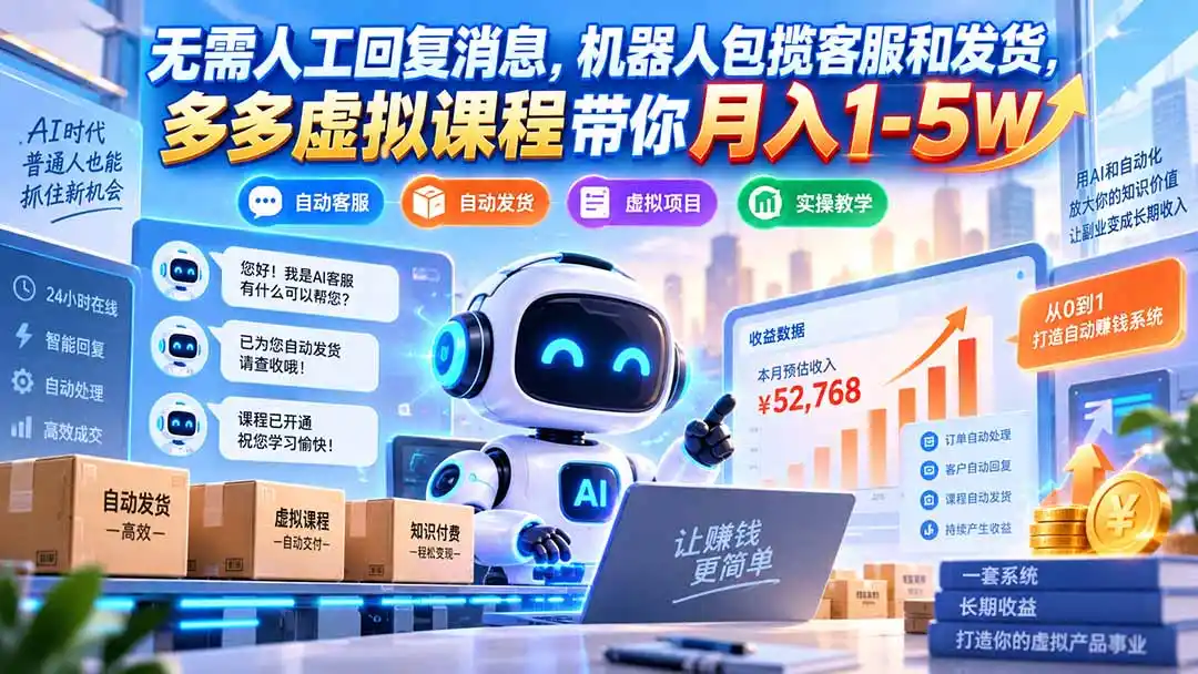 无需人工回复消息,机器人包揽客服和发货,多多虚拟课程带你月入1-5W-翻身路网创