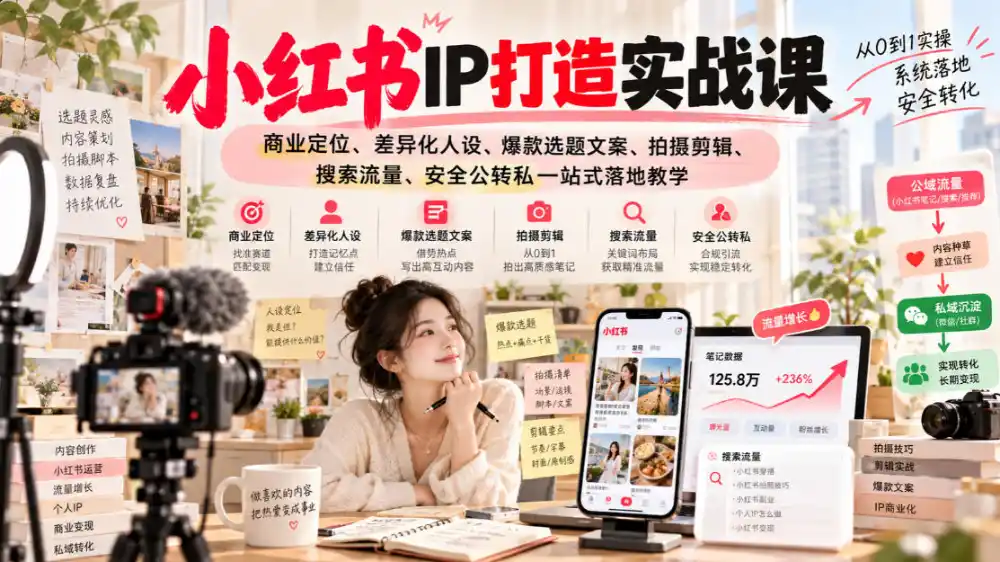 小红书ip打造实战课，商业定位、差异化人设、爆款选题文案、拍摄剪辑、搜索流量、安全公转私一站式落地教学-翻身路网创