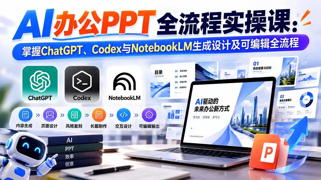 【无水印】AI办公PPT全流程实操课： 掌握ChatGPT、Codex与NotebookLM生成设计及可编辑全流程-翻身路网创