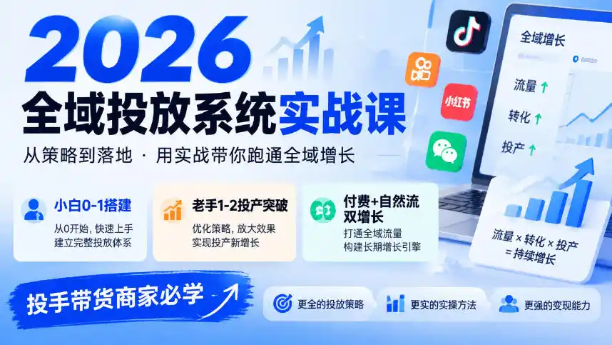 2026全域投放系统实战课，小白0-1搭建，老手1-2投产突破，付费+自然流双增长，投手带货商家必学-翻身路网创