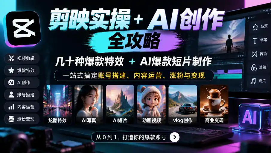 剪映实操+AI创作全攻略｜几十种爆款特效+AI爆款短片制作，一站式搞定账号搭建、内容运营、涨粉与变现-翻身路网创