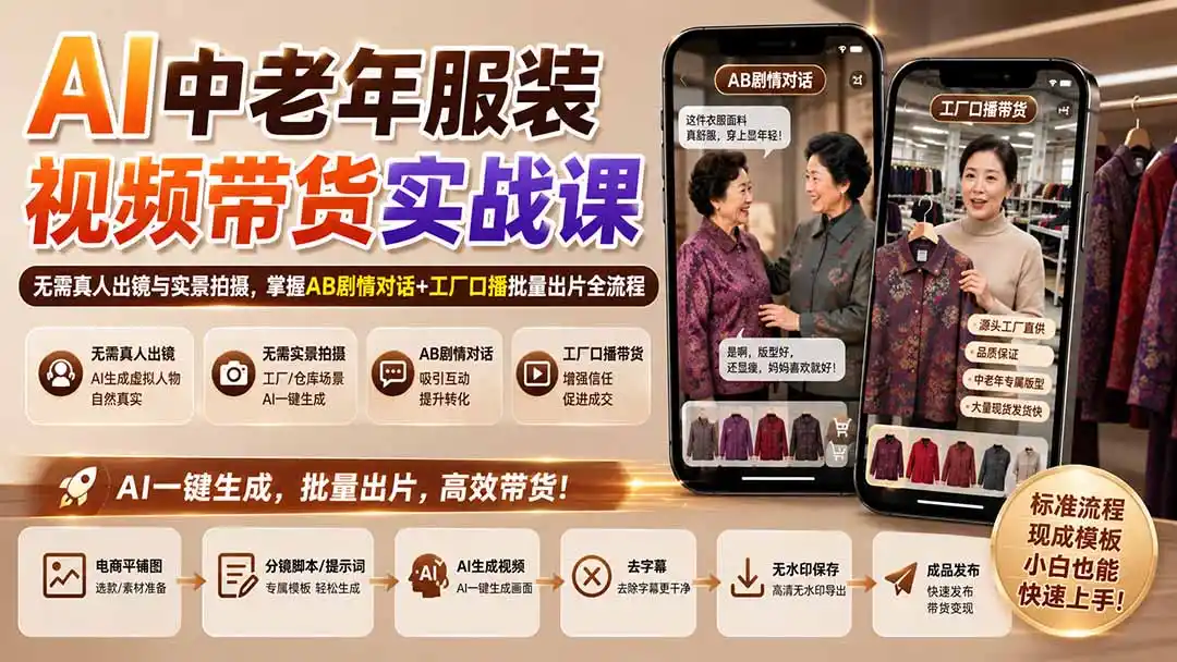 AI中老年服装视频带货实战课：无需真人出镜与实景拍摄，掌握AB剧情对话+工厂口播批量出片全流程-翻身路网创