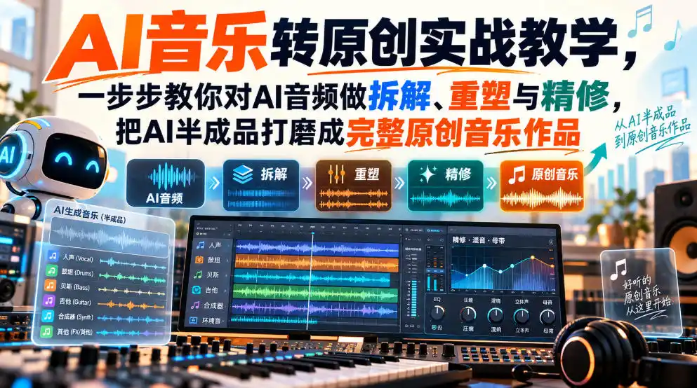AI音乐转原创实战教学，一步步教你对AI音频做拆解、重塑与精修，把AI半成品打磨成完整原创音乐作品-翻身路网创