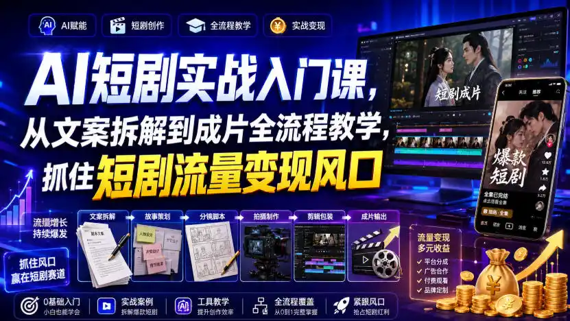 AI短剧实战入门课,从文案拆解到成片全流程教学,抓住短剧流量变现风口-翻身路网创