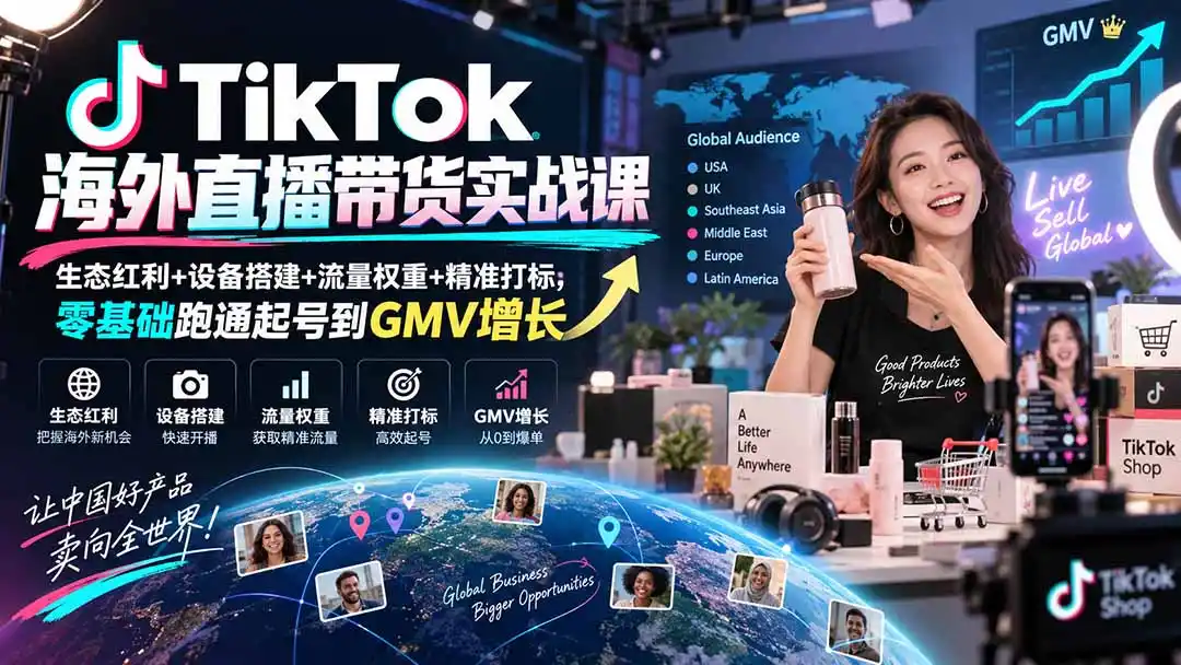 TikTok海外直播带货实战课｜生态红利+设备搭建+流量权重+精准打标，零基础跑通起号到GMV增长-翻身路网创
