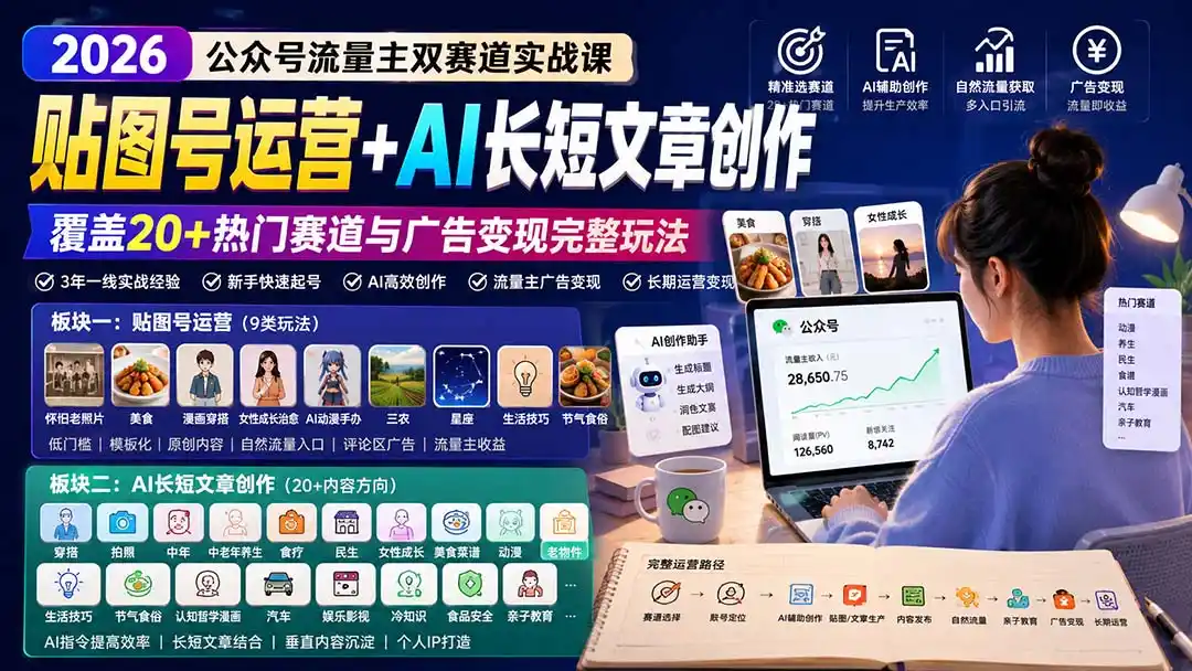 公众号流量主双赛道实战课：贴图号运营+AI长短文章创作，覆盖20+热门赛道与广告变现完整玩法-翻身路网创