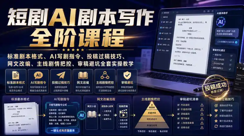 短剧AI剧本写作全阶课程｜标准剧本格式、AI写剧指令、投稿过稿技巧、网文改编、主线剧情把控、审稿避坑全套实操教学-翻身路网创
