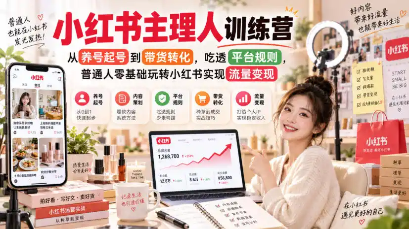 小红书主理人训练营，从养号起号到带货转化，吃透平台规则，普通人零基础玩转小红书实现流量变现-翻身路网创