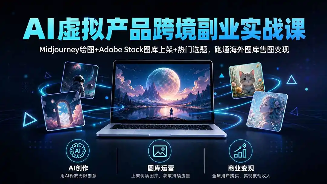 AI虚拟产品跨境副业实战课｜Midjourney绘图+Adobe Stock图库上架+热门选题，跑通海外图库售图变现-翻身路网创