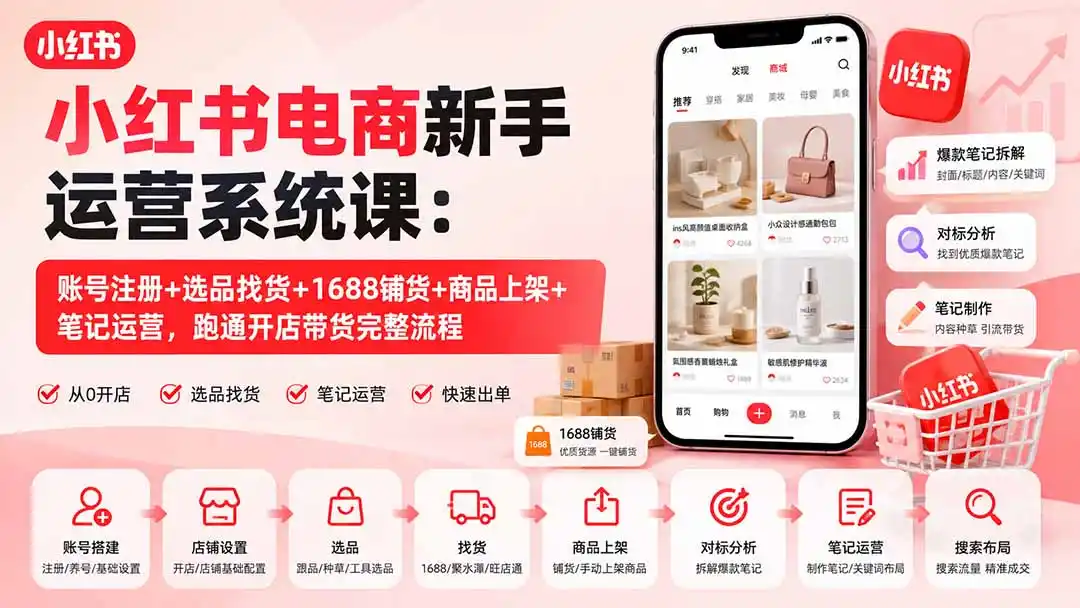 小红书电商新手运营系统课：账号注册+选品找货+1688铺货+商品上架+笔记运营，跑通开店带货完整流程-翻身路网创