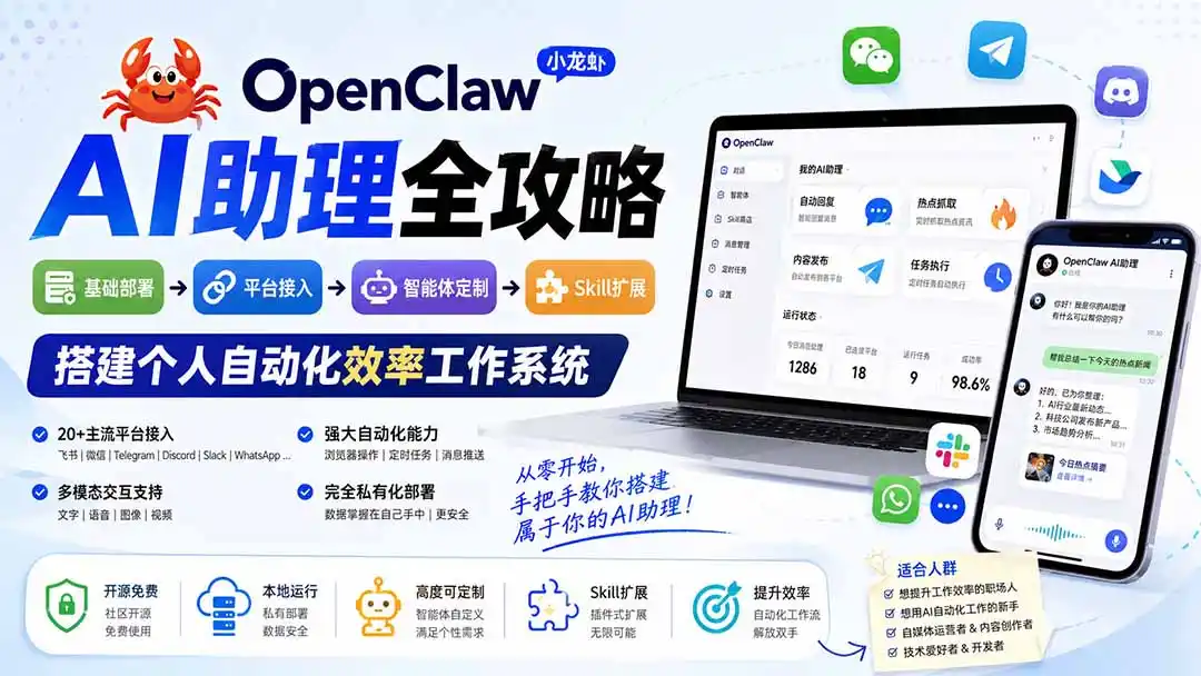 OpenClaw小龙虾 AI助理全攻略：基础部署→平台接入→智能体定制→Skill扩展，搭建个人自动化效率工作系统-翻身路网创
