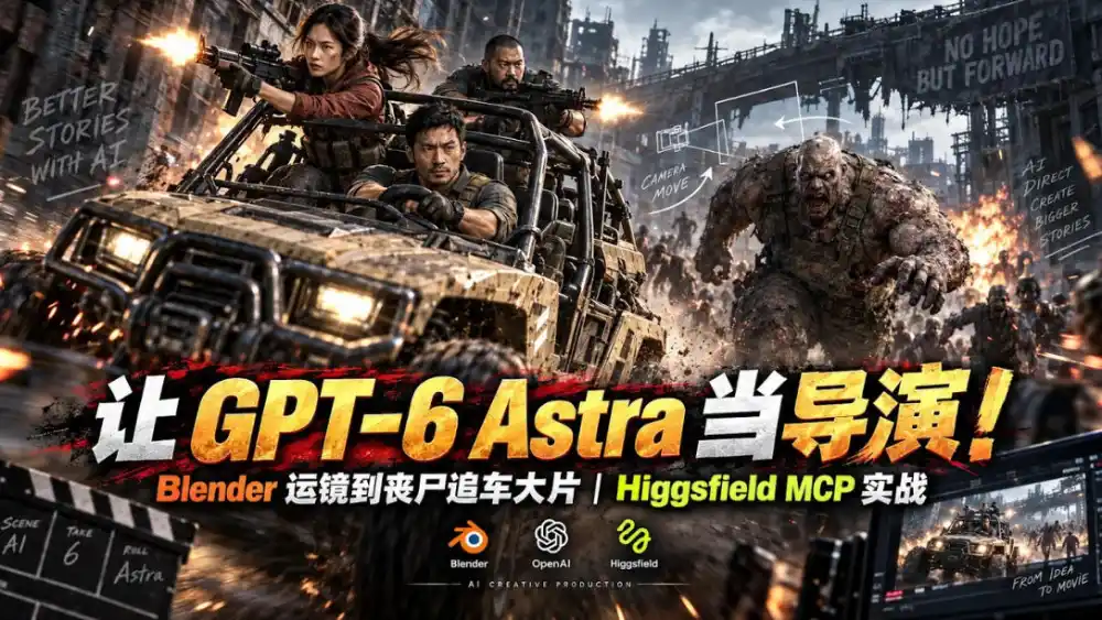 让GPT-6 Astra当导演！Blender运镜到丧尸追车大片｜Higgsfield MCP实战-翻身路网创