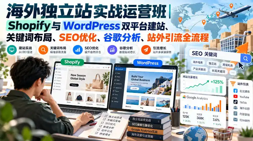海外独立站实战运营班｜Shopify与WordPress双平台建站、关键词布局、SEO优化、谷歌分析、站外引流全流程-翻身路网创