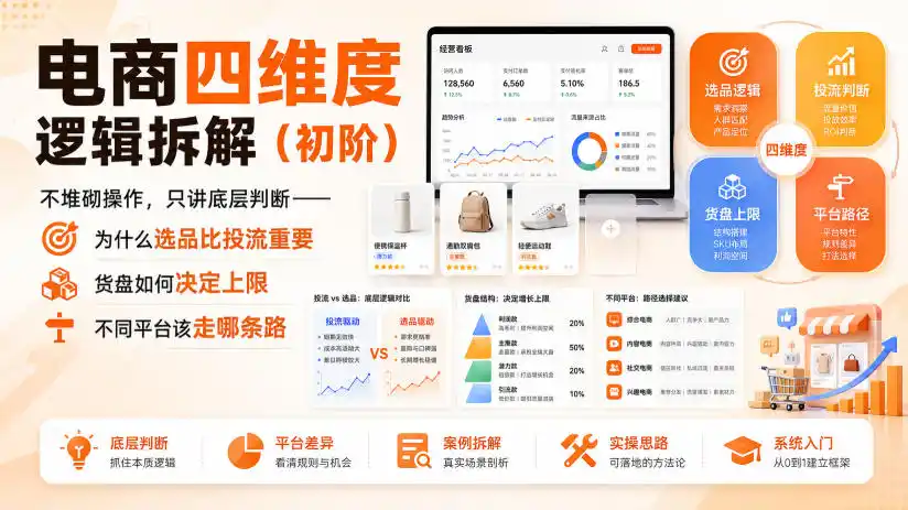 电商四维度逻辑拆解(初阶)不堆砌操作，只讲底层判断——为什么选品比投流重要、货盘如何决定上限、不同平台该走哪条路-翻身路网创