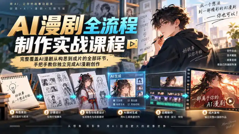 AI漫剧全流程制作实战课程，完整覆盖AI漫剧从构思到成片的全部环节，手把手教你独立完成AI漫剧创作-翻身路网创