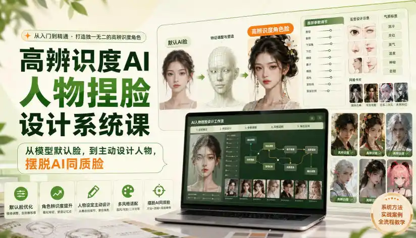 高辨识度AI人物捏脸设计系统课，从模型默认脸，到主动设计人物，摆脱AI同质脸-翻身路网创