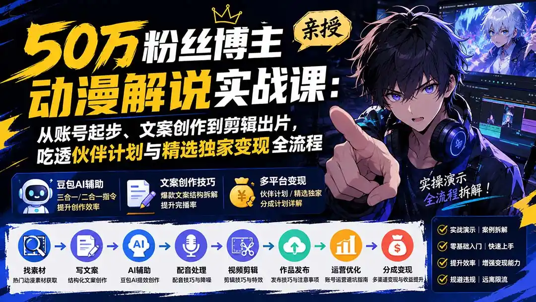 50万粉丝博主亲授动漫解说实战课：从账号起步、文案创作到剪辑出片，吃透伙伴计划与精选独家变现全流程-翻身路网创
