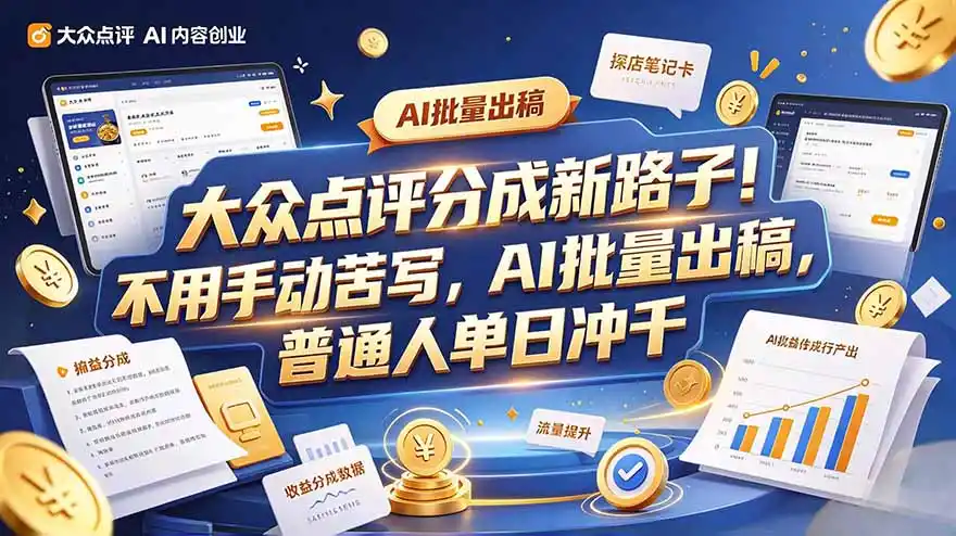 大众点评副业新玩法，工具提效解放双手，批量做笔记，单日可破千-翻身路网创