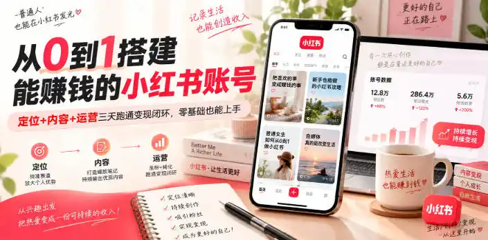 从0到1搭建能賺钱的小红书账号，定位+内容+运营三天跑通变现闭环-翻身路网创