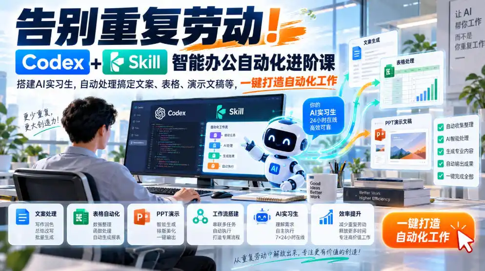 告别重复劳动！Codex+Skill智能办公自动化进阶课｜搭建AI实习生，自动处理搞定文案、表格、演示文稿等，一键打造自动化工作-翻身路网创