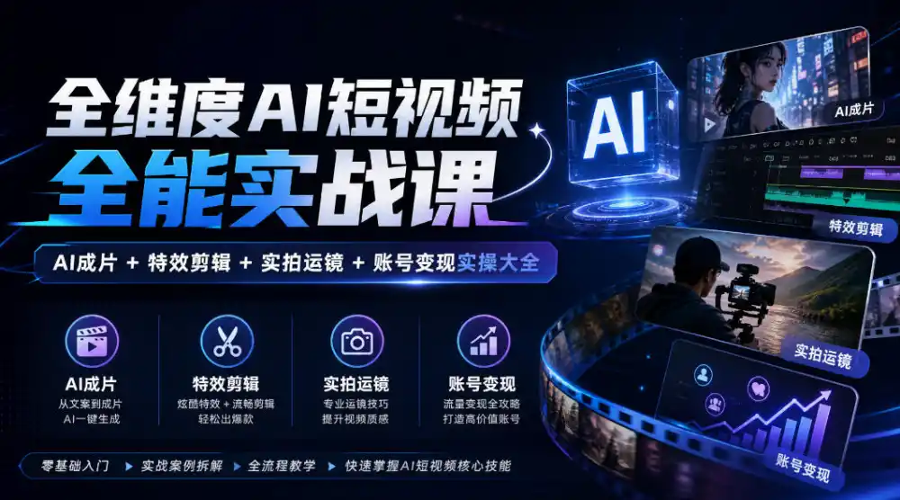 全维度AI短视频全能实战课,AI成片+特效剪辑+实拍运镜+账号变现实操大全-翻身路网创