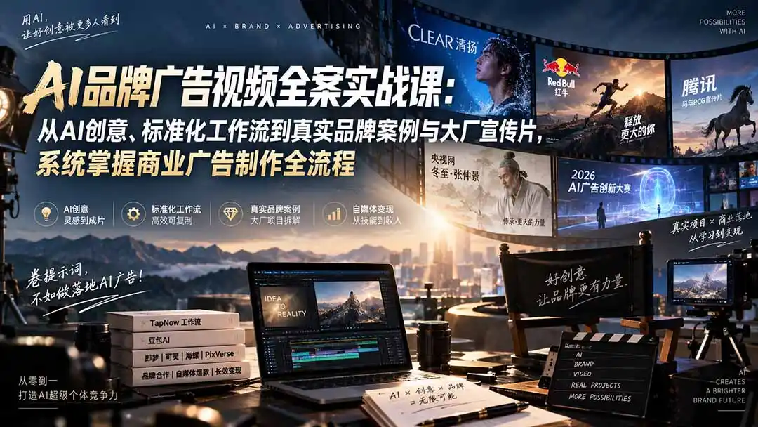 AI品牌广告视频全案实战课:从AI创意、标准化工作流到真实品牌案例与大厂宣传片,系统掌握商业广告制作全流程-翻身路网创