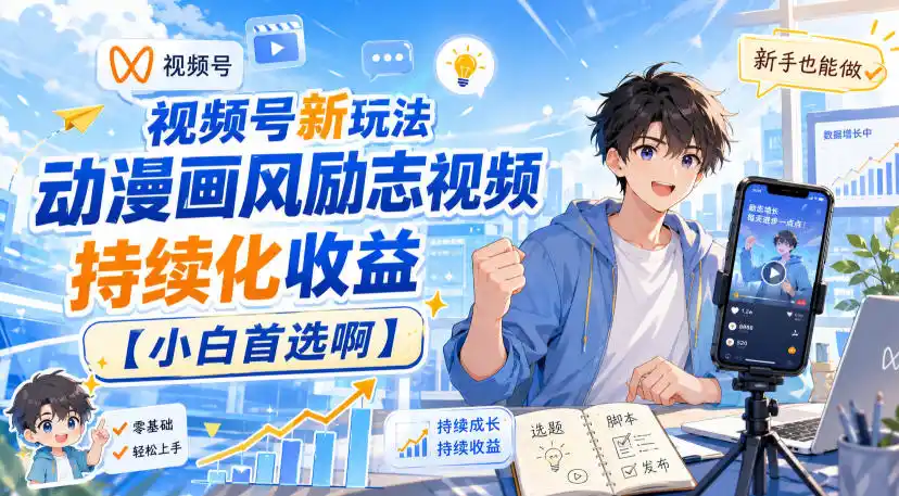 视频号新玩法动漫画风励志视频，持续化收益【小白首选啊】-翻身路网创