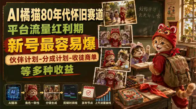 AI橘猫80年代怀旧赛道，平台流量红利期，新号最容易爆，伙伴计划-分成计划-收徒商单等多种收益-翻身路网创