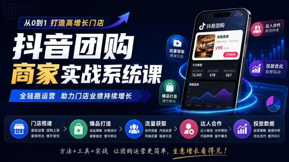 抖音团购商家实战系统课｜门店搭建、爆品打造、流量获取、达人合作、投放数据全链路运营-翻身路网创
