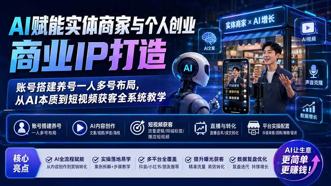 AI赋能实体商家与个人创业商业IP打造；账号搭建养号一人多号布局，从AI本质到短视频获客全系统教学-翻身路网创
