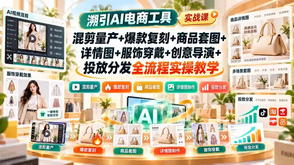溯引AI电商工具实战课：混剪量产+爆款复刻+商品套图+详情图+服饰穿戴+创意导演+投放分发全流程实操教学-翻身路网创