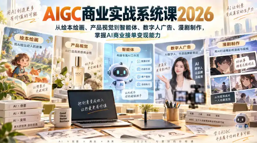 AIGC商业实战系统课2026，从绘本绘画、产品视觉到智能体、数字人广告、漫剧制作，掌握AI商业接单变现能力-翻身路网创