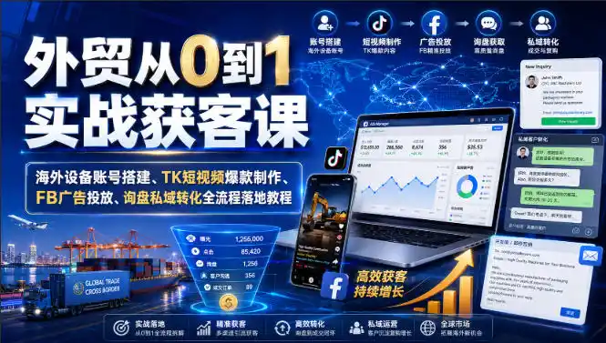 外贸从0到1实战获客课｜海外设备账号搭建、TK短视频爆款制作、FB广告投放、询盘私域转化全流程落地教程-翻身路网创