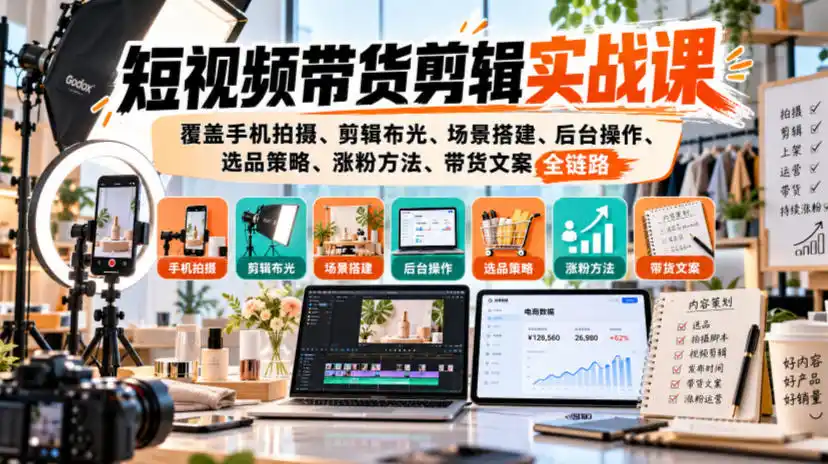 短视频带货剪辑实战课，覆盖手机拍摄、剪辑布光、场景搭建、后台操作、选品策略、涨粉方法、带货文案全链路-翻身路网创