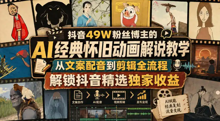 抖音49W粉丝博主的AI经典怀旧动画解说教学，从文案配音到剪辑全流程，解锁抖音精选独家收益-翻身路网创
