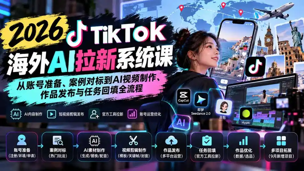 【无水印】2026 TikTok海外AI拉新系统课：从账号准备、案例对标到AI视频制作、作品发布与任务回填全流程-翻身路网创