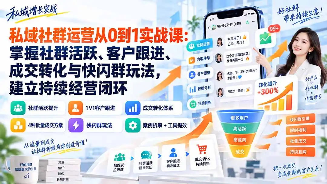 私域社群运营从0到1实战课：掌握社群活跃、客户跟进、成交转化与快闪群玩法，建立持续经营闭环-翻身路网创