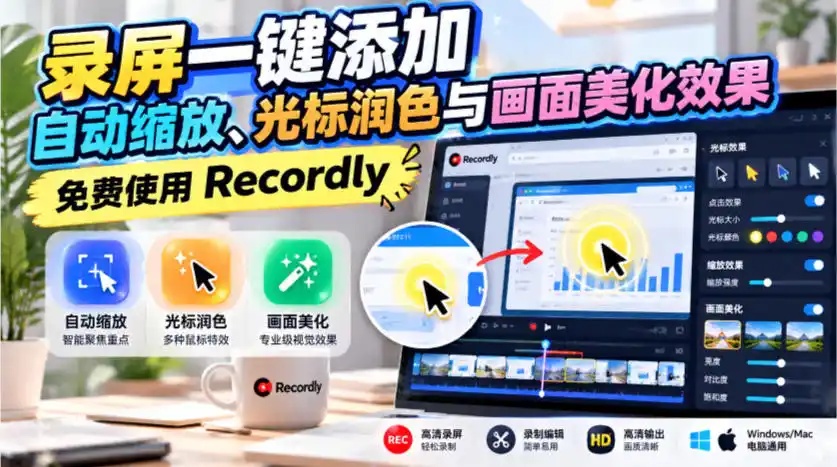 录屏一键添加自动缩放、光标润色与画面美化效果，免费使用Recordly-翻身路网创