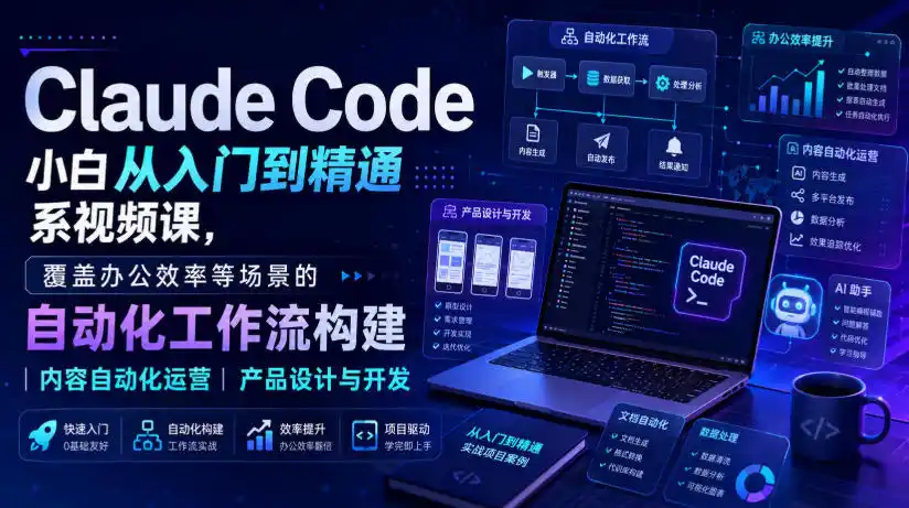 Claude Code小白从入门到精通系视频课，覆盖办公效率等场景的自动化工作流构建|内容自动化运营|产品设计与开发-翻身路网创