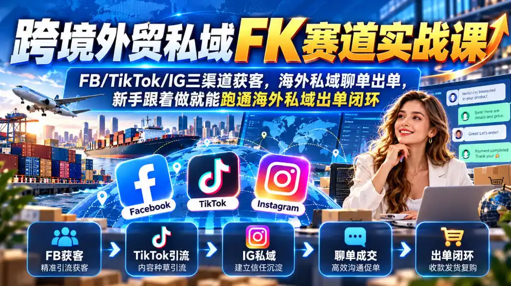 跨境外贸私域FK赛道实战课｜FB/TikTok/IG三渠道获客，海外私域聊单出单，新手跟着做就能跑通海外私域出单闭环-翻身路网创