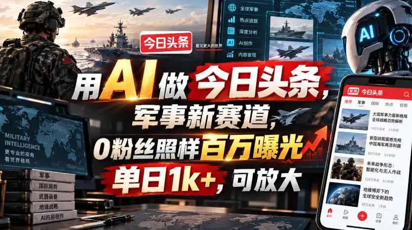 用AI做今日头条，军事新赛道，0粉丝照样百万曝光，单日1k+，可放大-翻身路网创
