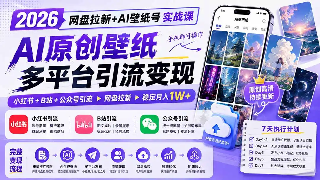 2026网盘拉新+AI壁纸号实战课：AI原创壁纸+小红书+B站+公众号引流，手机即可操作，月入1W+-翻身路网创