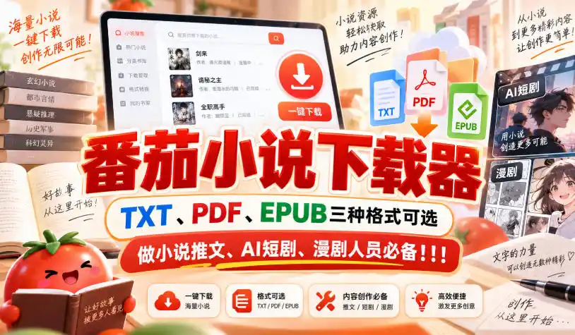 番茄小说下载器,TXT、PDF、EPUB三种格式可选,做小说推文、AI短剧、漫剧人员必备!!!-翻身路网创