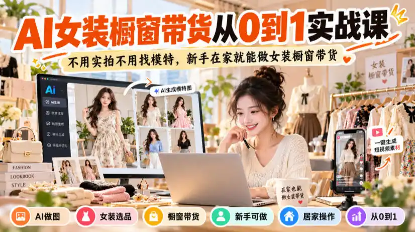 AI女装橱窗带货从0到1实战课，不用实拍不用找模特，新手在家就能做女装橱窗带货-翻身路网创