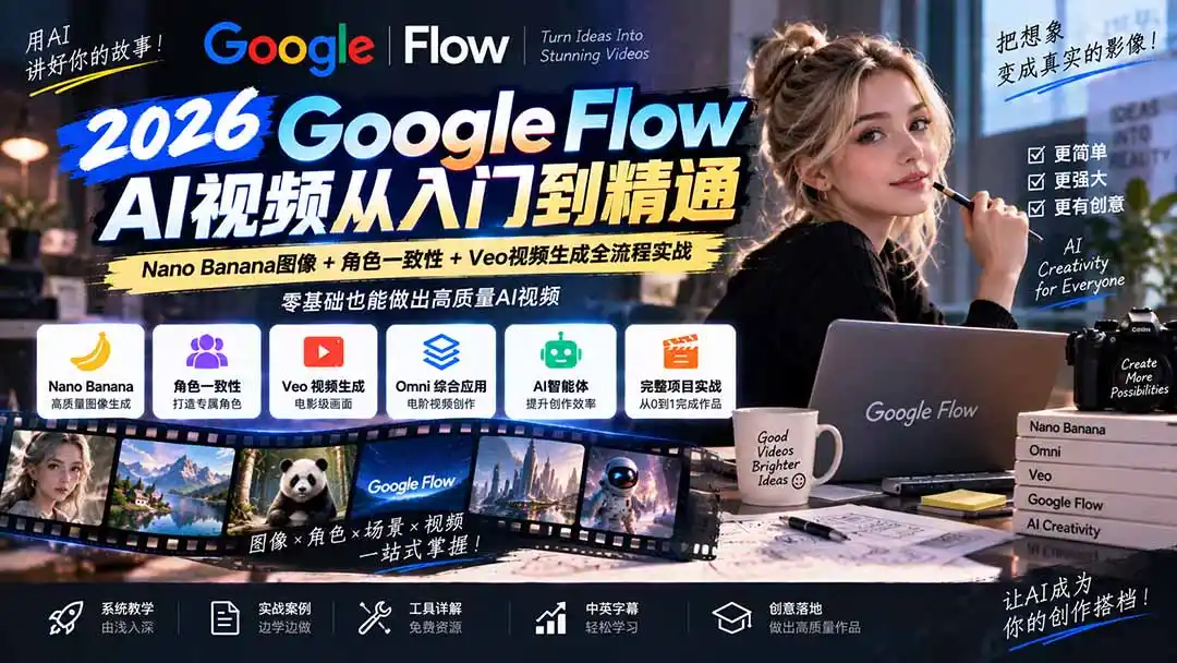 【无水印】Google Flow AI视频从入门到精通：Nano Banana图像+角色一致性+Veo视频生成全流程实战-精翻中英字幕-翻身路网创