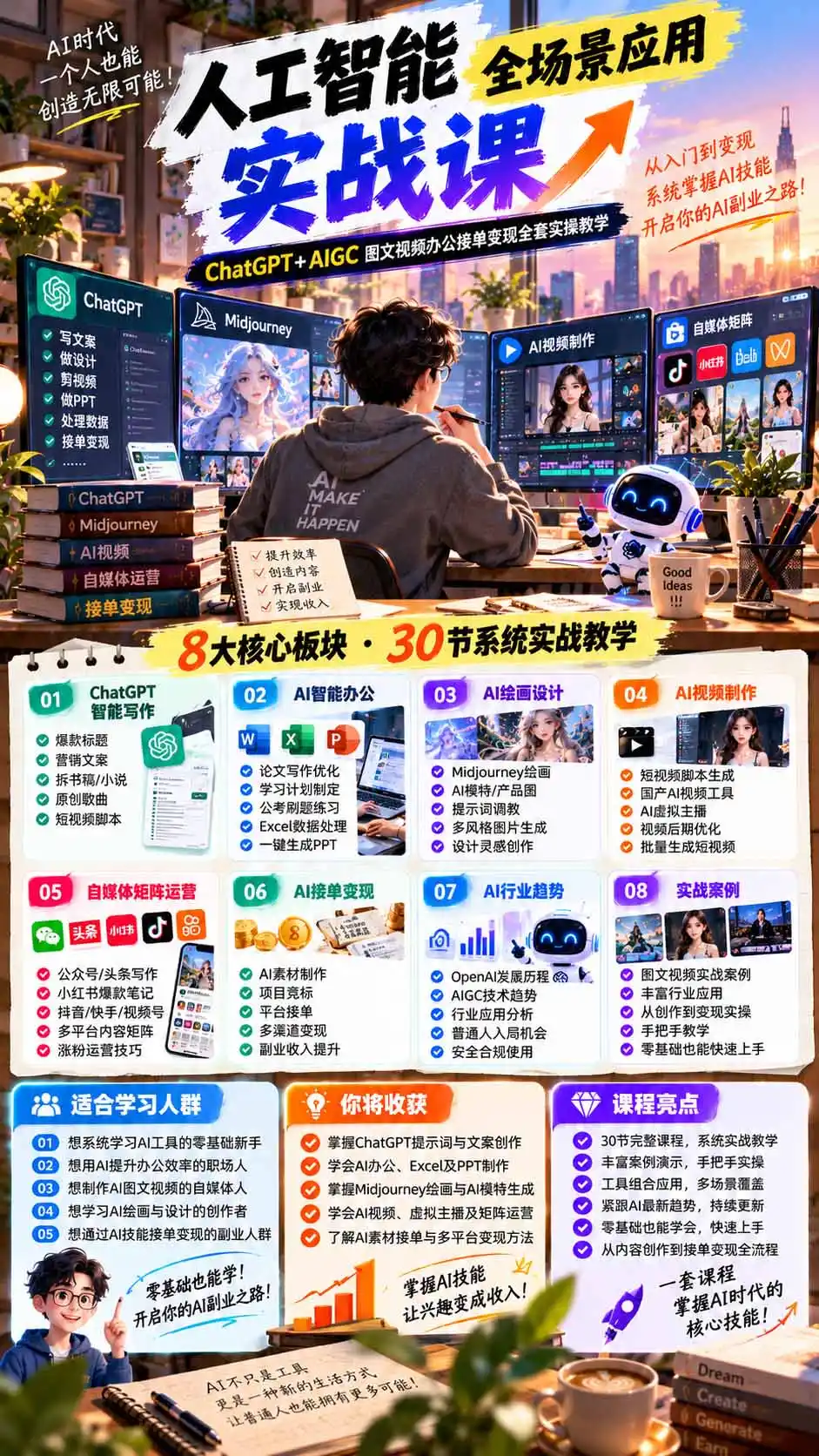 一个人掌握AI写作设计剪辑全套技能：从ChatGPT办公、AI绘画到虚拟主播、自媒体运营及接单变现-翻身路网创